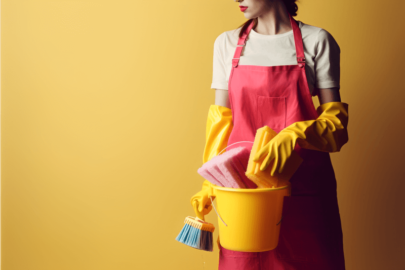 mulher-segurando-produtos-de-limpeza-auxiliar-de-serviços-gerais